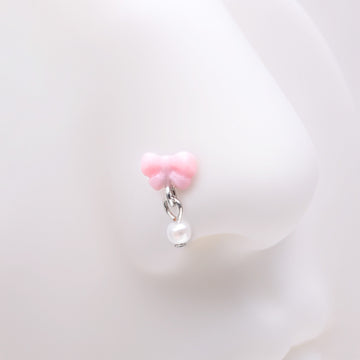 Detail View 1 of Kawaii Pop Fluffy Bow-Tie Pearlescent Dangle L-Shaped Nose Ring-Pink/White